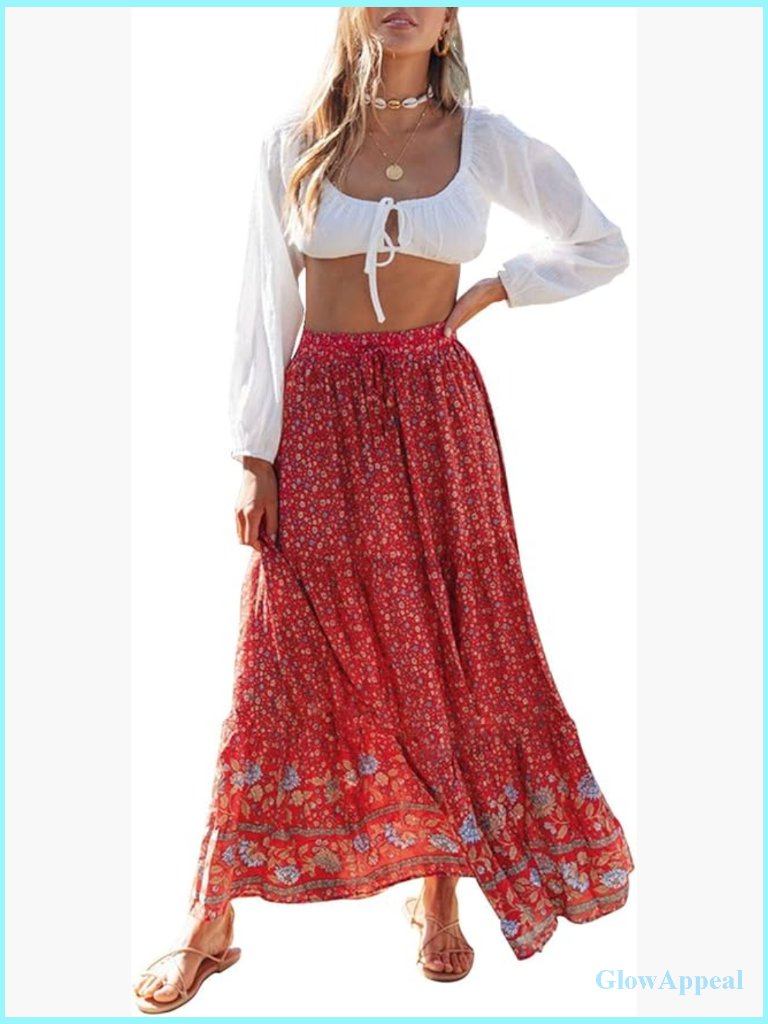Boho Floral Maxi Skirt Elastic Waist A-Line With Pockets